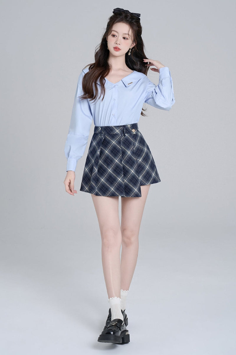 Blue Neck French Loose Shirt Set