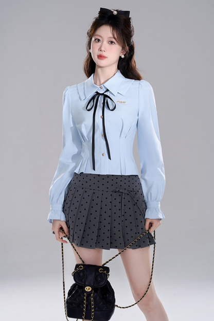Blue Preppy Two-piece Shirt Skirt Set