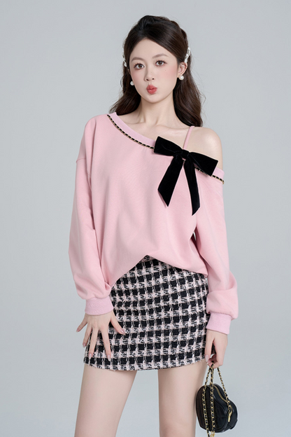 Pink Slant Shoulder Loose Sweatshirt Set