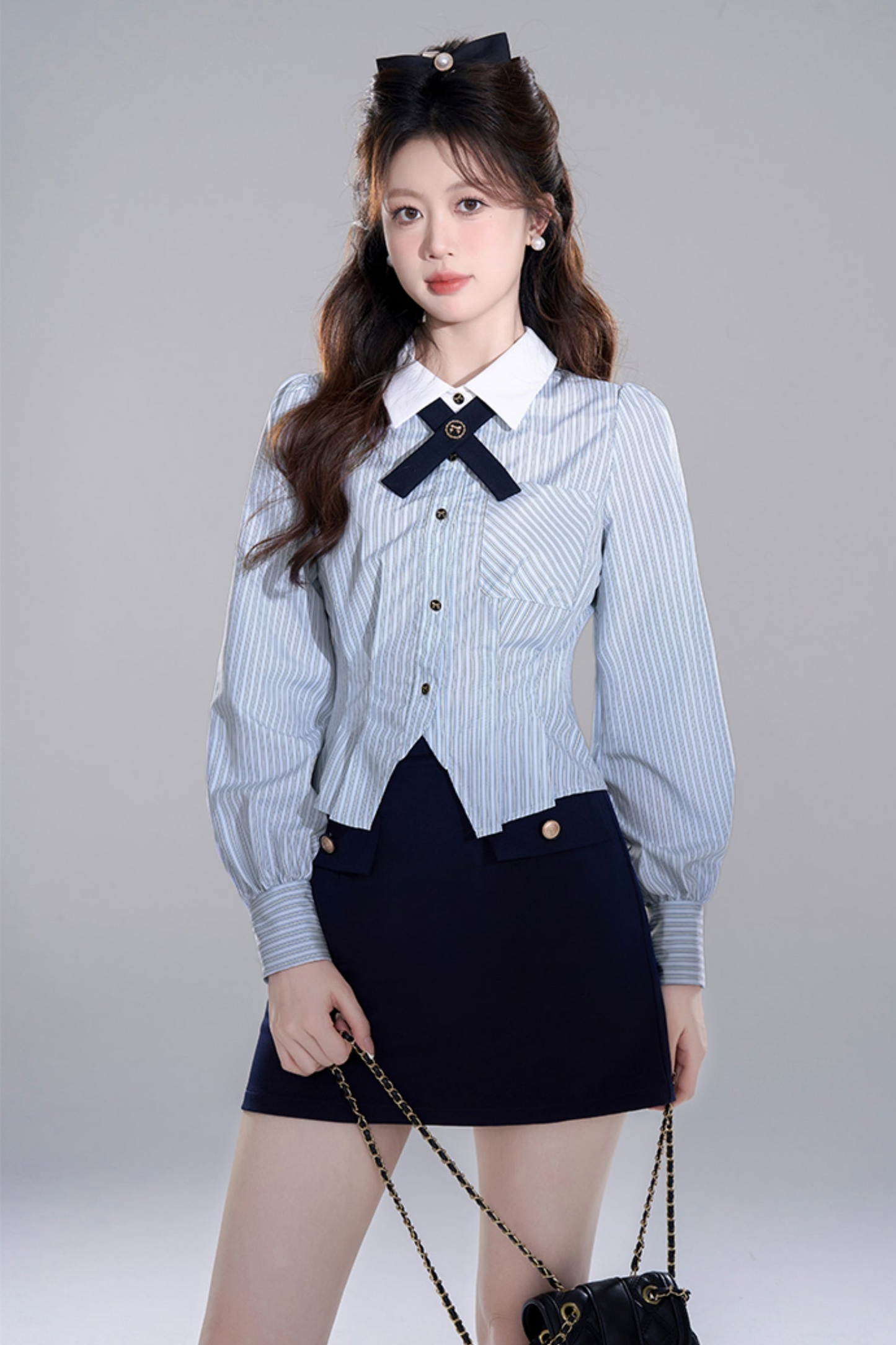 Blue Striped Preppy Long Sleeve Crop Set