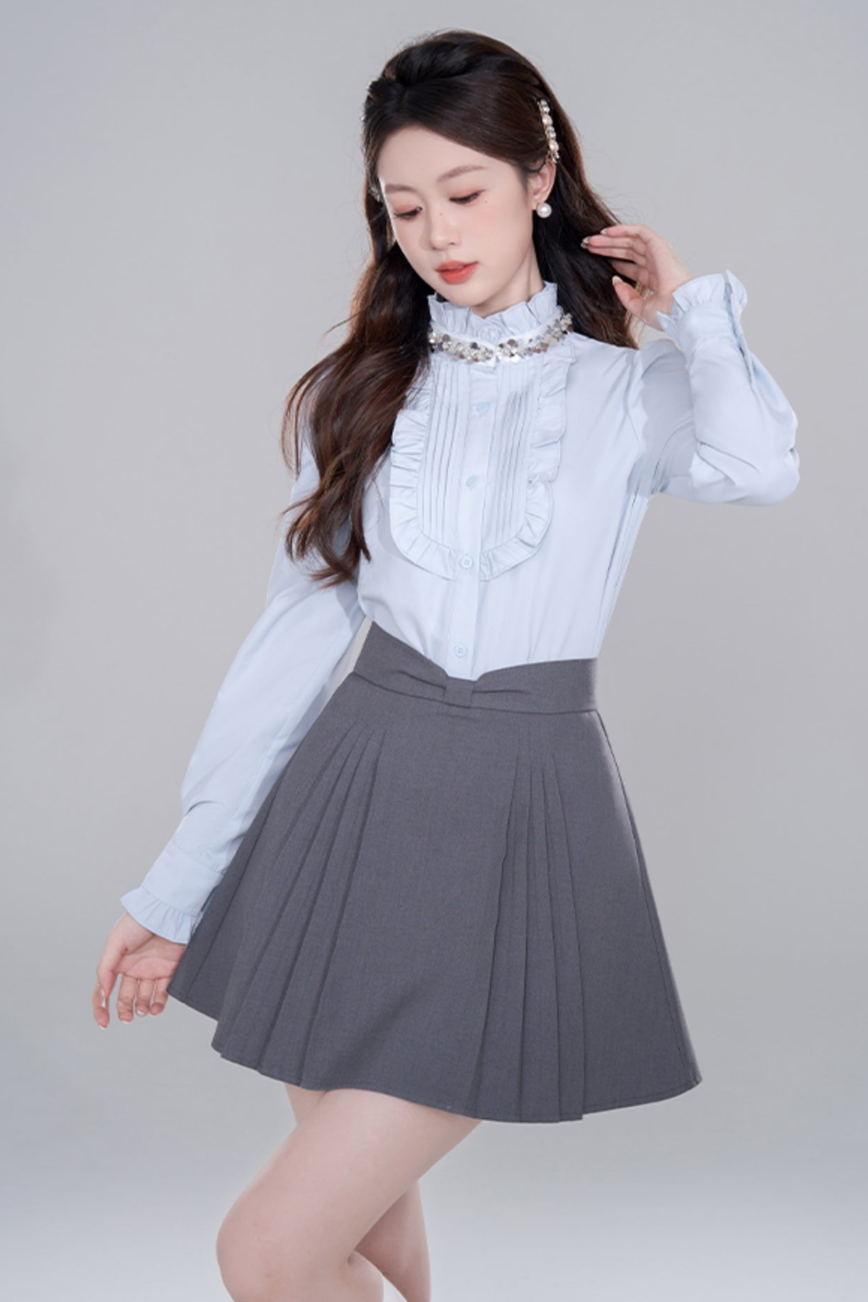 Blue Stand Collar French Top Set