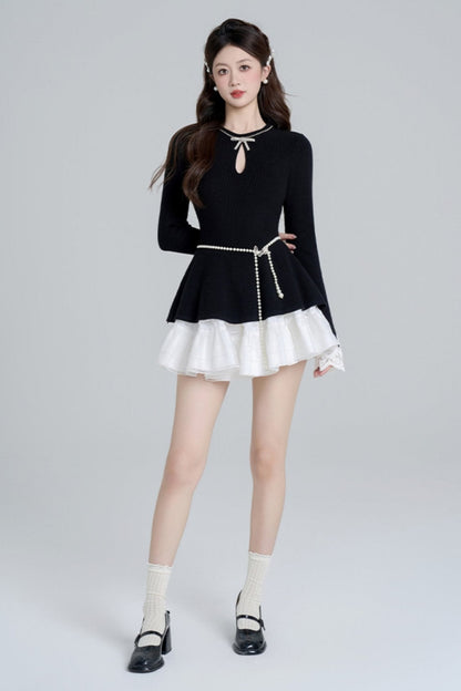 Black Bead Waist Knit + Girly Skirt + Waist Chain