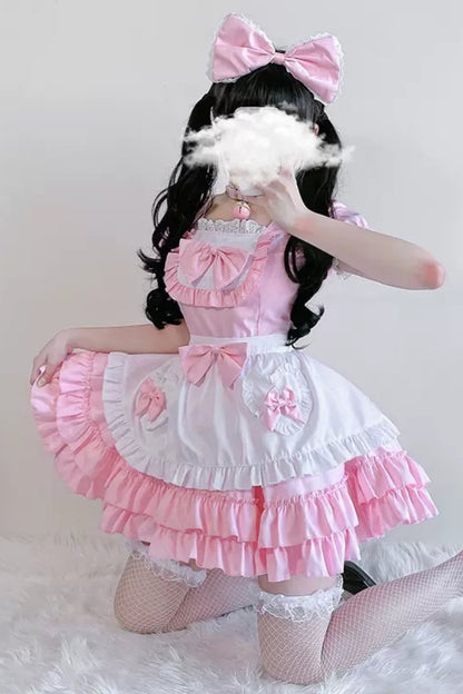 Double Ribbon Ruffle Lolita Maid Dress Set