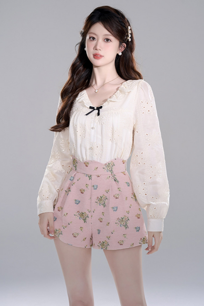 Apricot Ruffle Long Sleeve Shirt Set