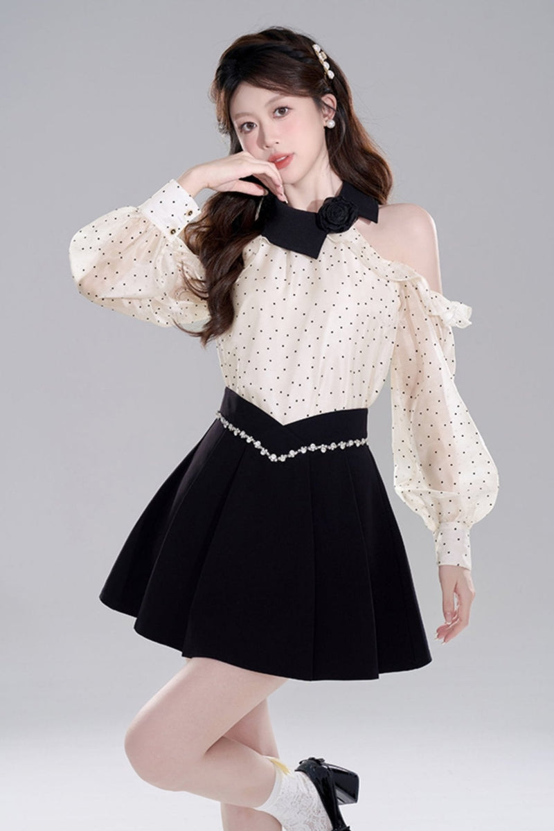 Polka Dot Off-shoulder Chiffon Top Set