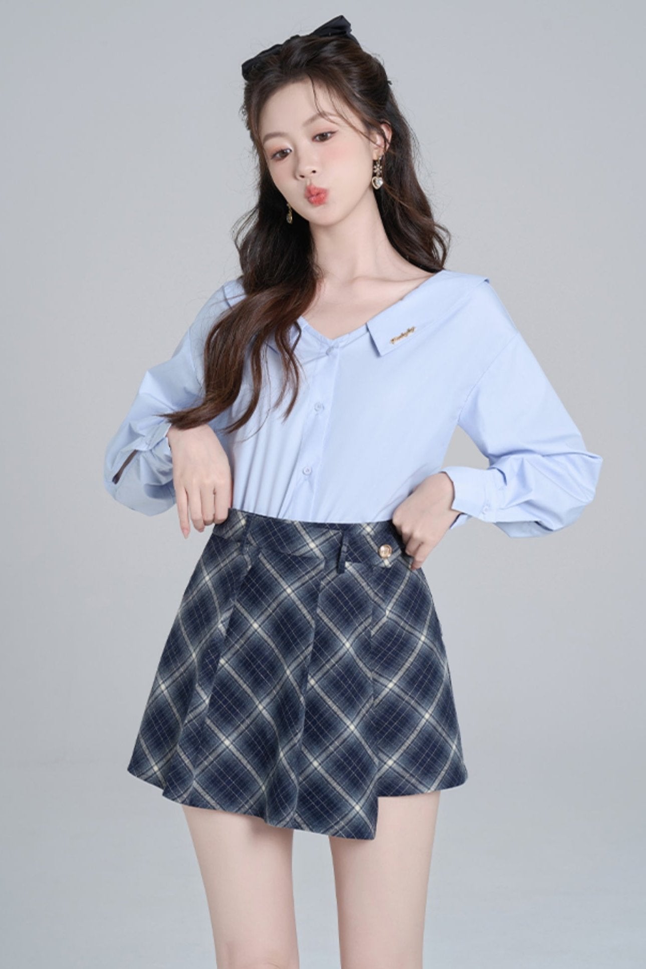 Blue Neck French Loose Shirt Set