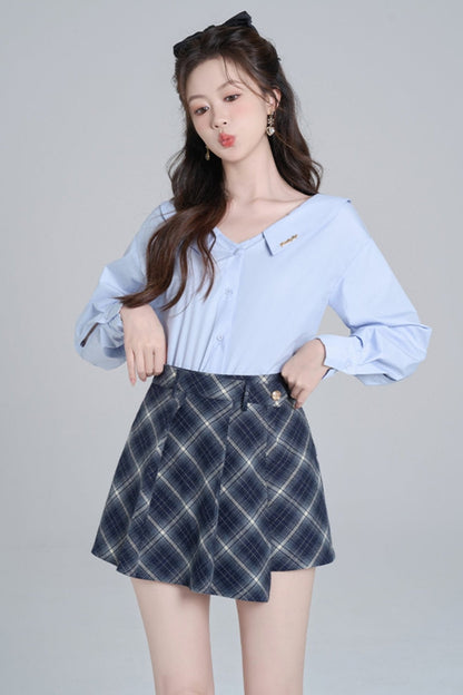 Blue Neck French Loose Shirt Set