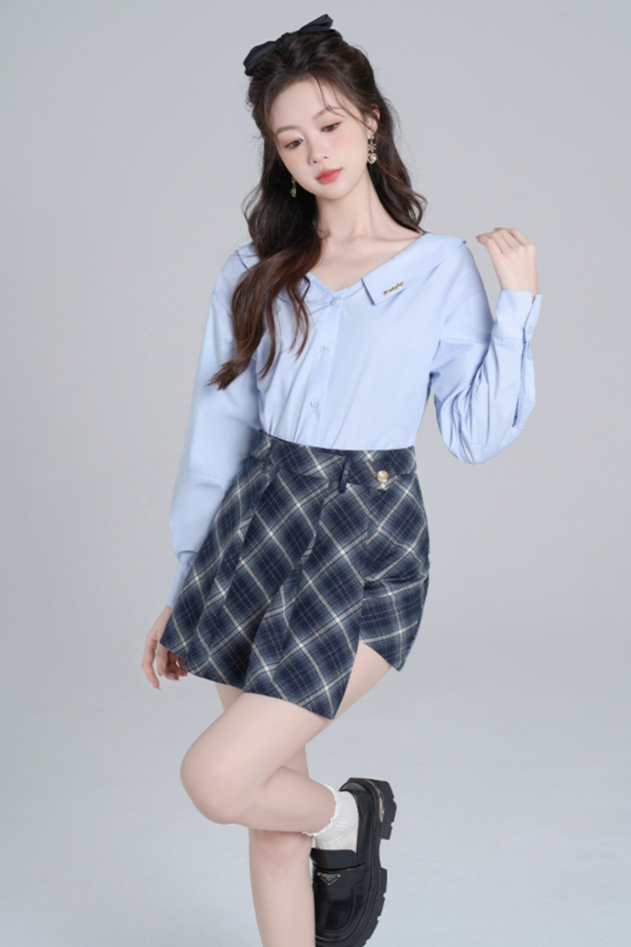 Blue Neck French Loose Shirt Set