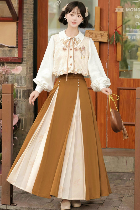 Retro Autumn Chinese Vest + Shirt + Skirt