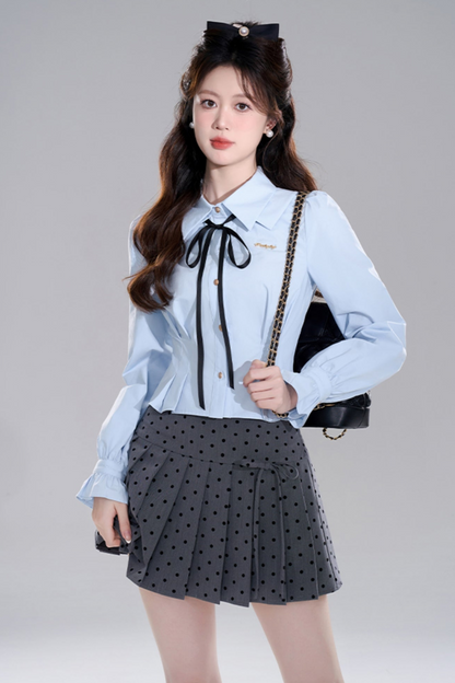 Blue Preppy Two-piece Shirt Skirt Set