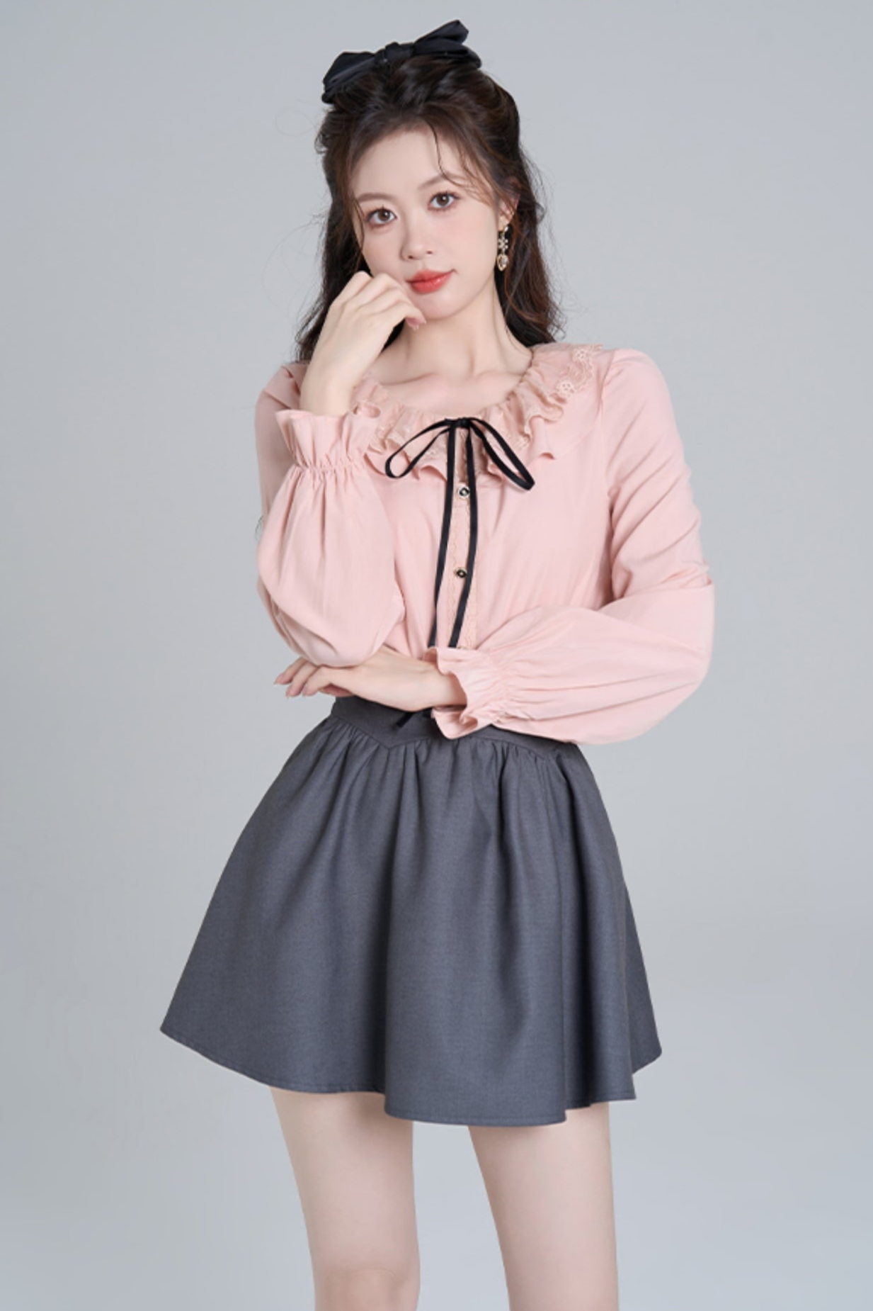 Pink Ruffle Loose Lace Shirt Set