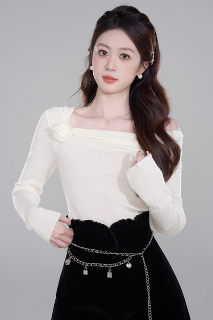 One Shoulder Color Knit Sweater Set