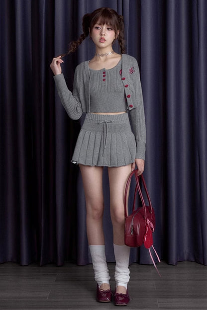Gray and Purple Knit Suspender Skirt Set