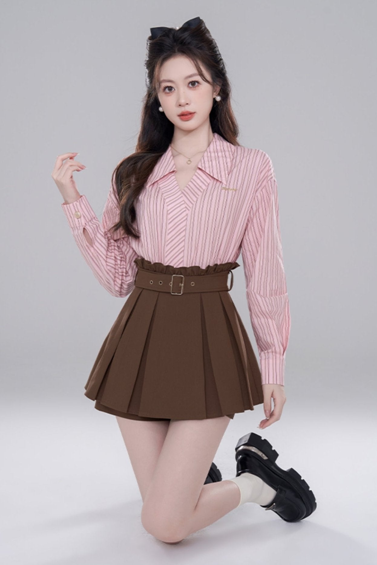 Pink Stripe Neck Long Sleeve Shirt Set