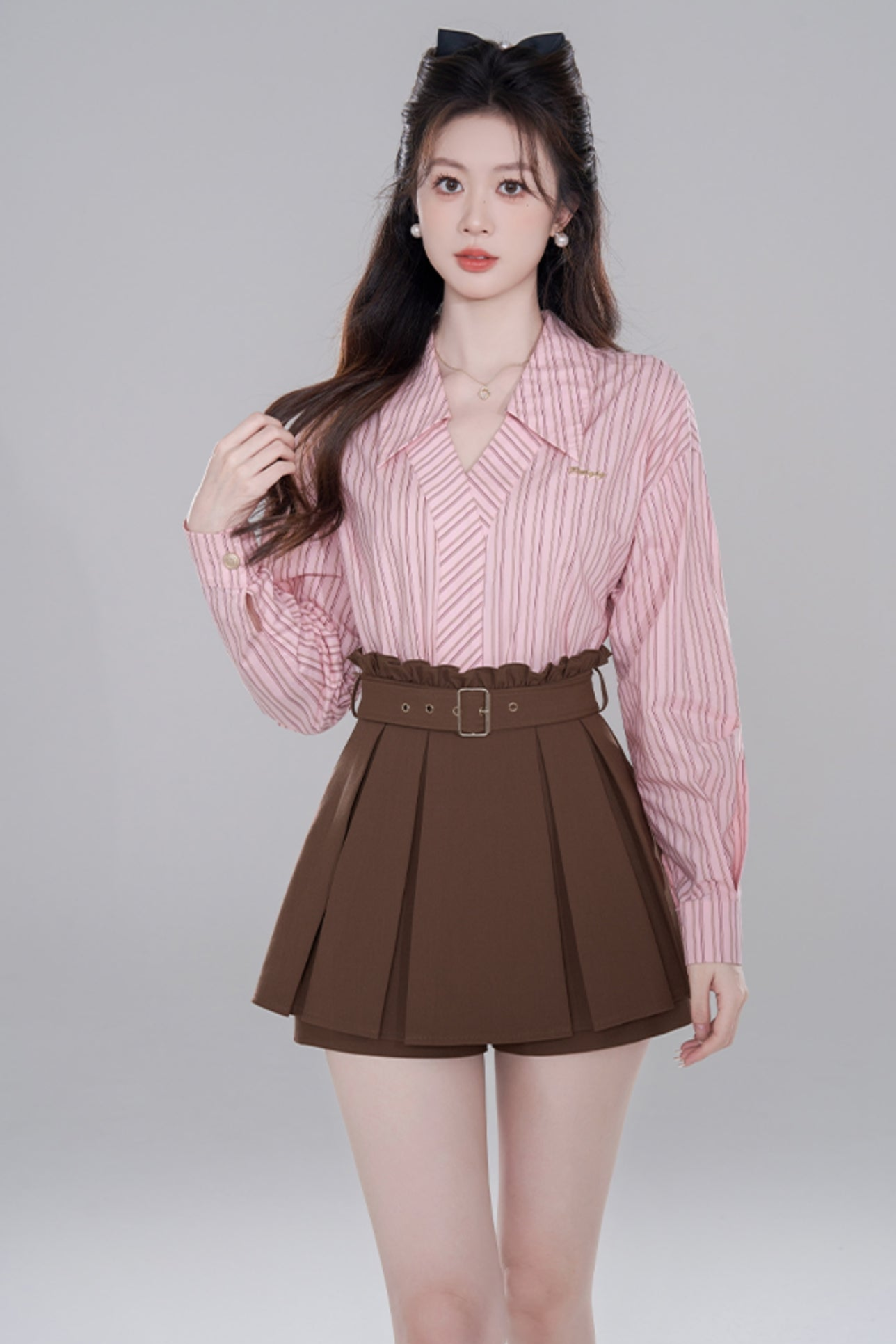 Pink Stripe Neck Long Sleeve Shirt Set
