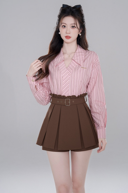 Pink Stripe Neck Long Sleeve Shirt Set