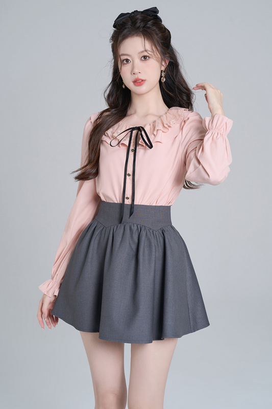 Pink Ruffle Loose Lace Shirt Set