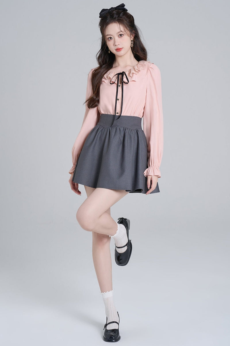 Pink Ruffle Loose Lace Shirt Set