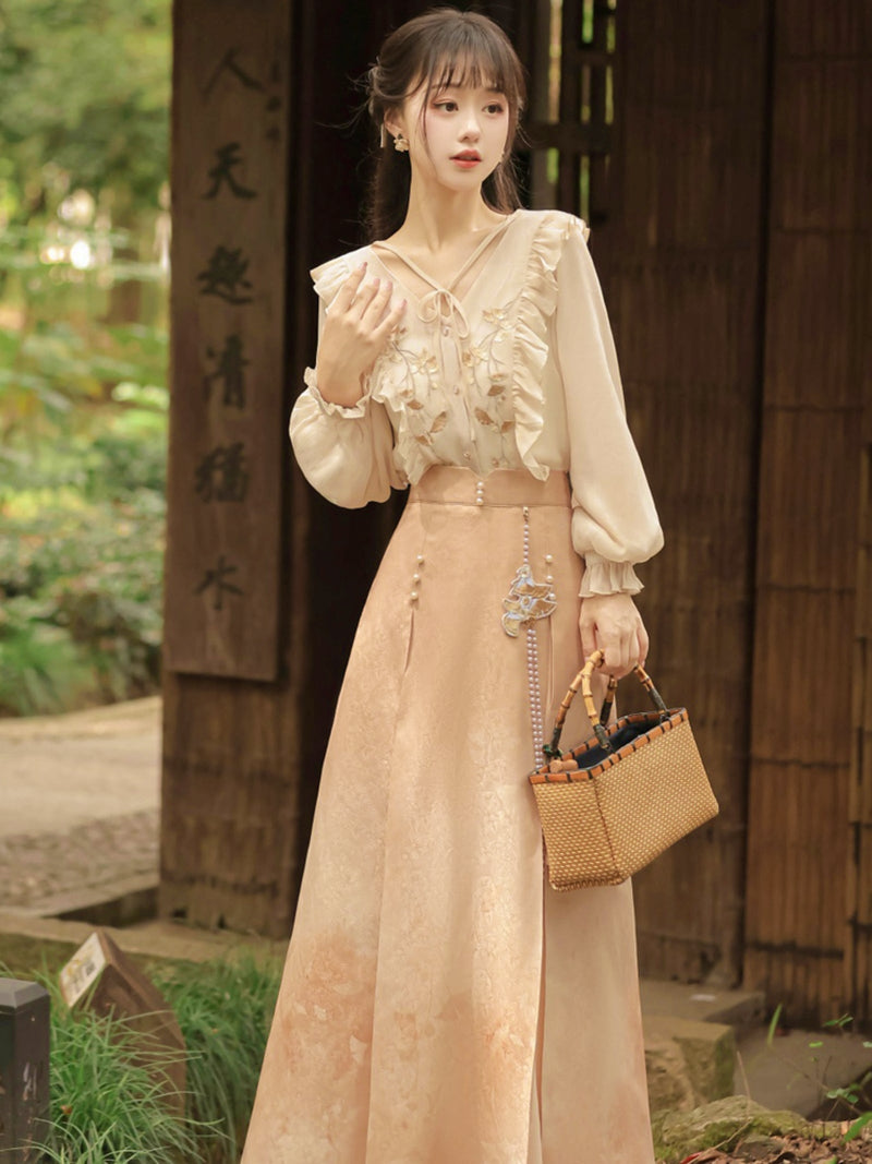 Hanfu Sleeve Pleats Skirt Set