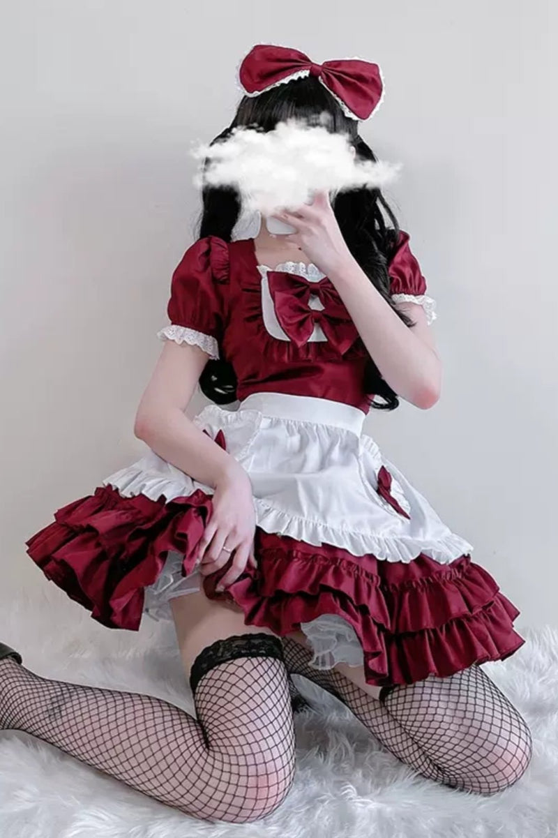 Double Ribbon Ruffle Lolita Maid Dress Set
