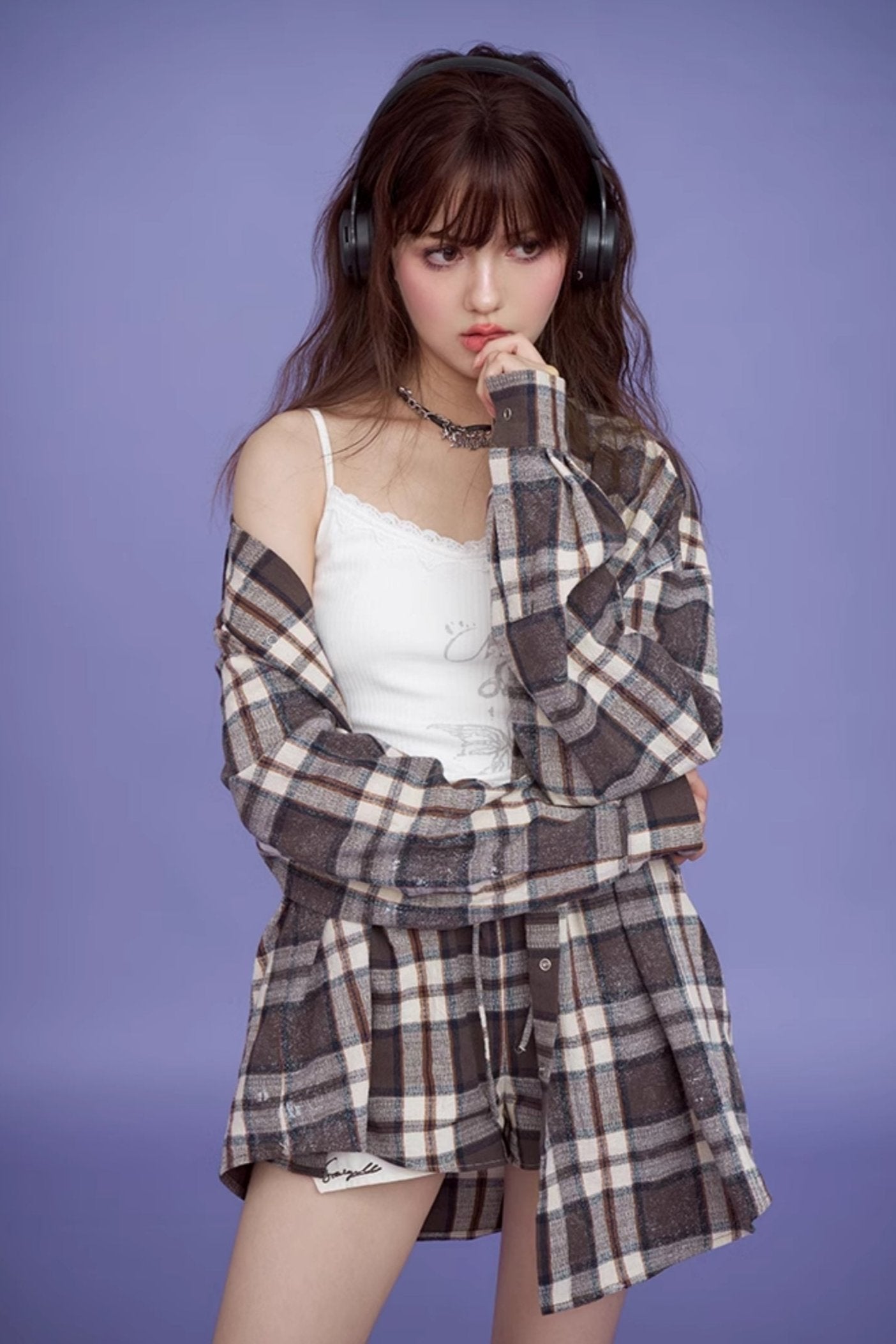 Brown Plaid Long Sleeve Set