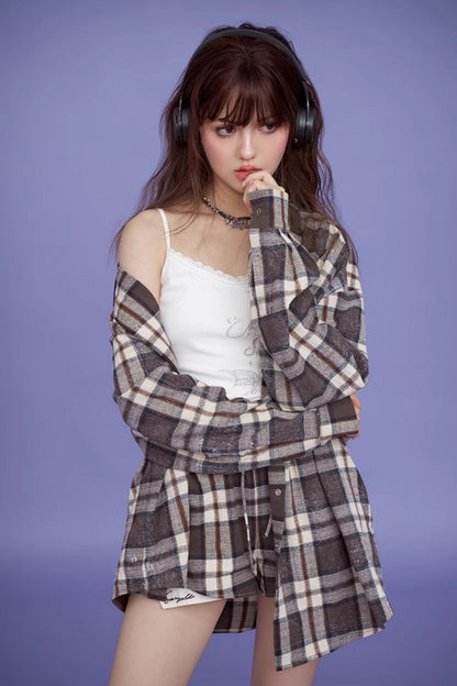 Brown Plaid Long Sleeve Set