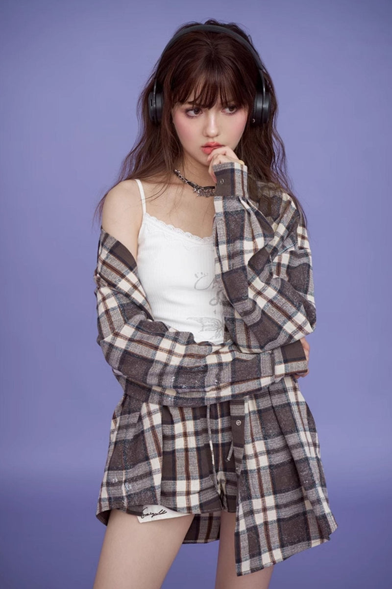 Brown Plaid Long Sleeve Set
