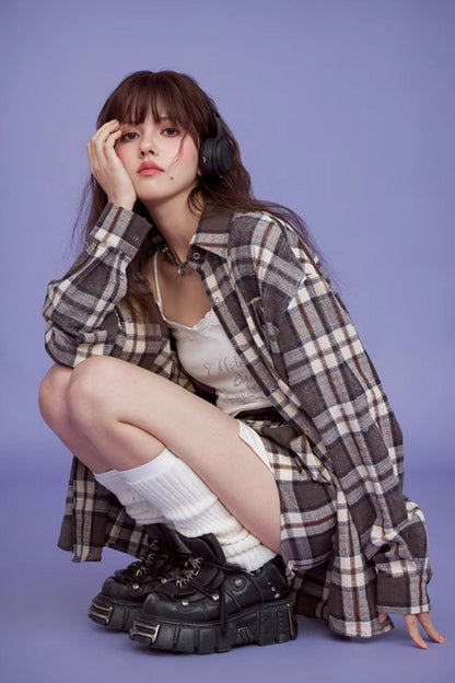 Brown Plaid Long Sleeve Set
