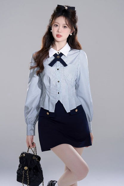 Blue Striped Preppy Long Sleeve Crop Set