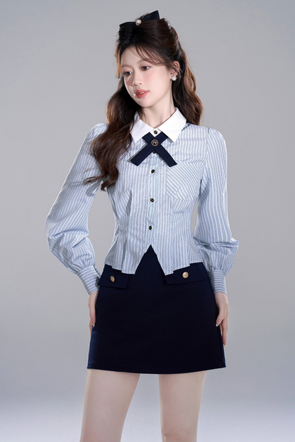 Blue Striped Preppy Long Sleeve Crop Set