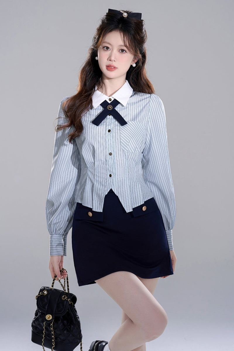 Blue Striped Preppy Long Sleeve Crop Set