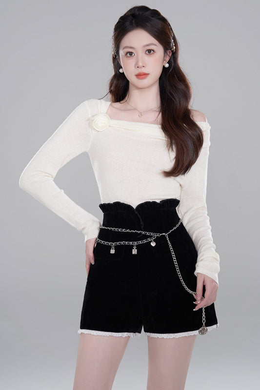 One Shoulder Color Knit Sweater Set