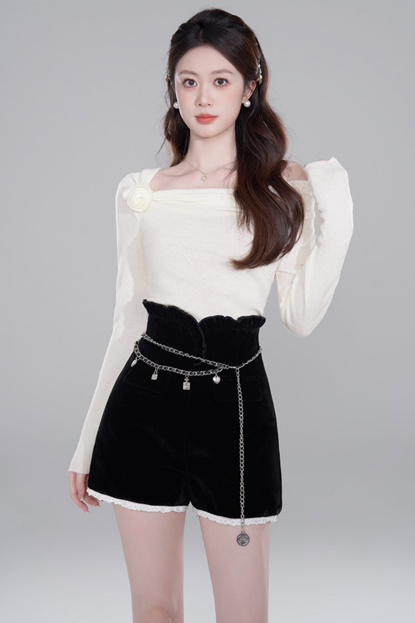 One Shoulder Color Knit Sweater Set