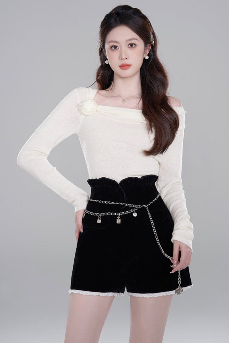 One Shoulder Color Knit Sweater Set