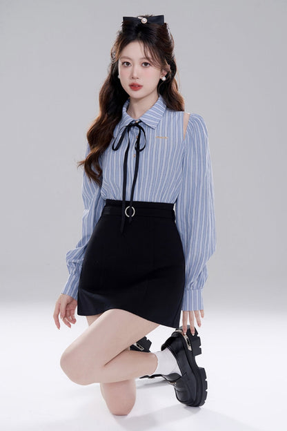 Blue Stripe Off-shoulder Crop Set