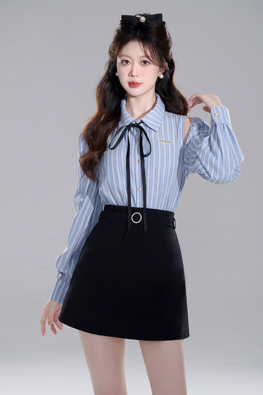 Blue Stripe Off-shoulder Crop Set