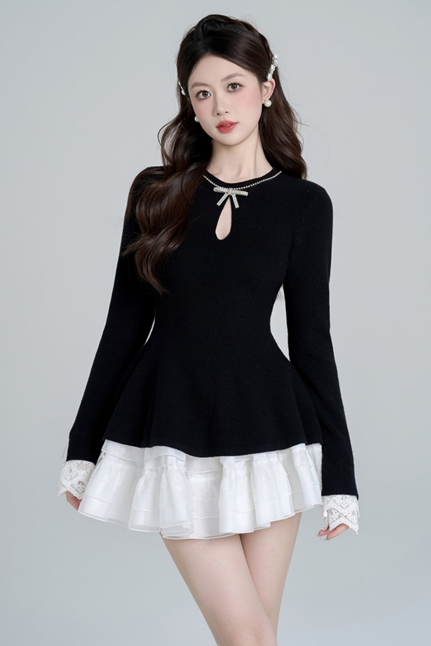 Black Bead Waist Knit + Girly Skirt + Waist Chain