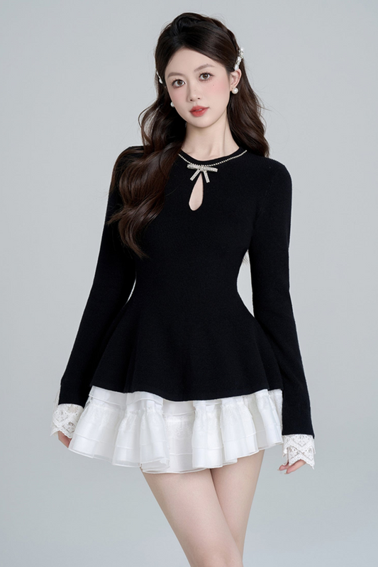 Black Bead Waist Knit + Girly Skirt + Waist Chain