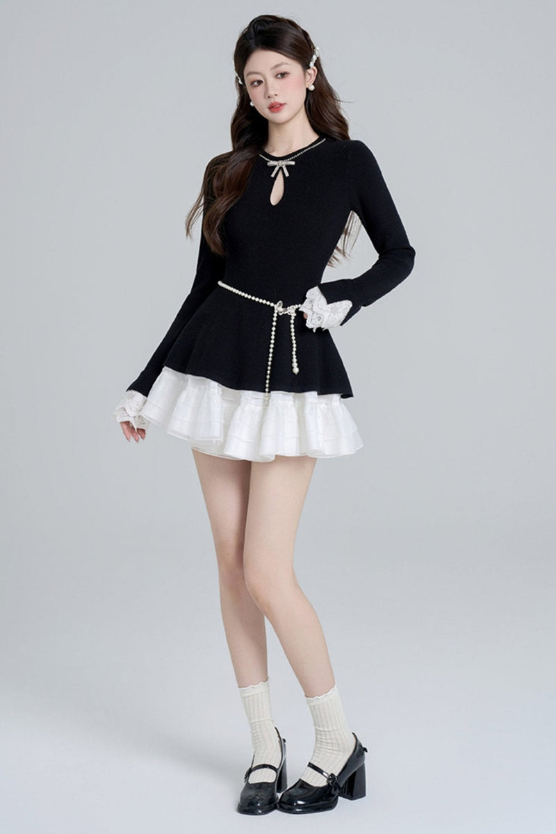 Black Bead Waist Knit + Girly Skirt + Waist Chain