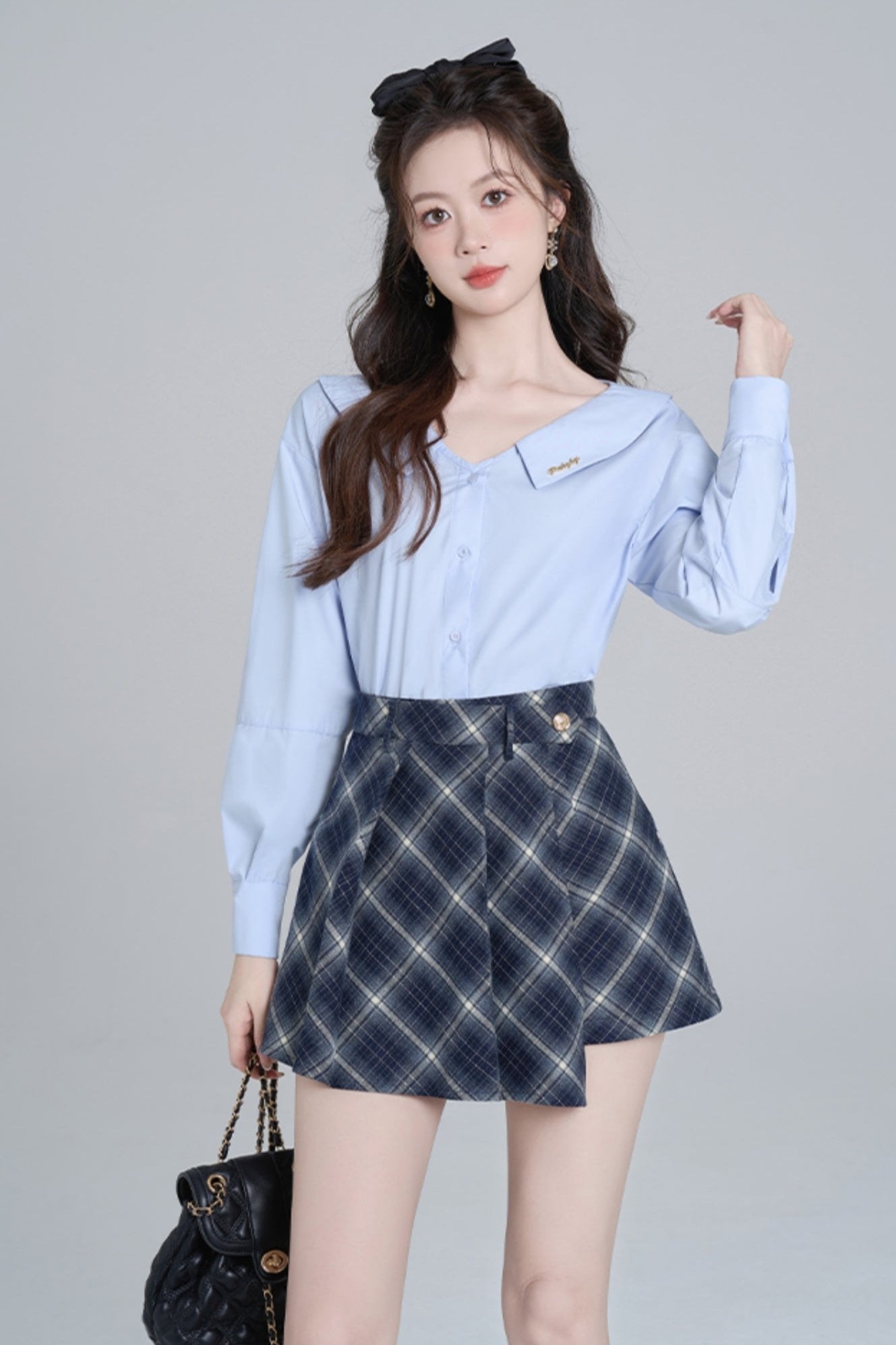 Blue Neck French Loose Shirt Set