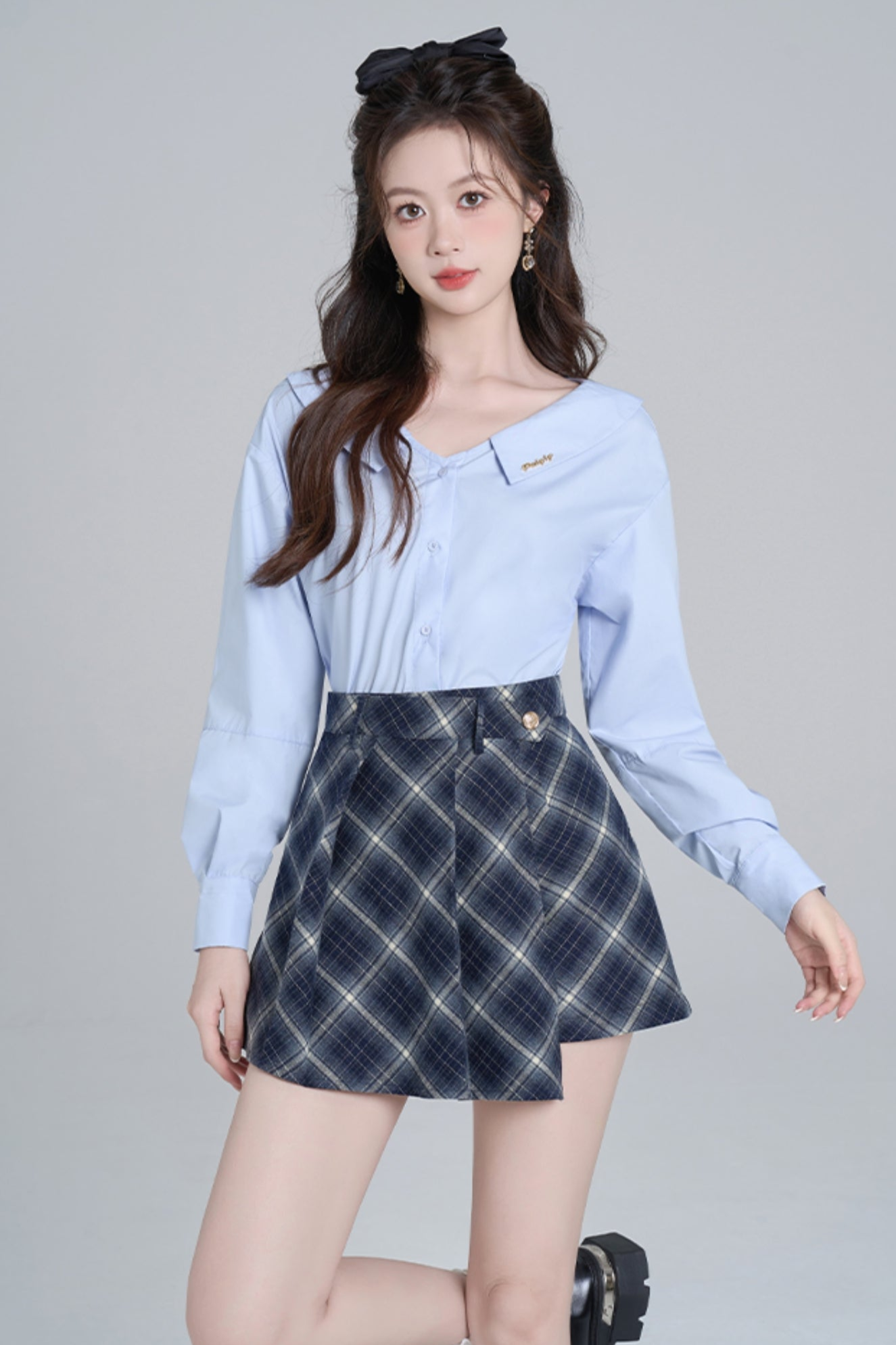 Blue Neck French Loose Shirt Set