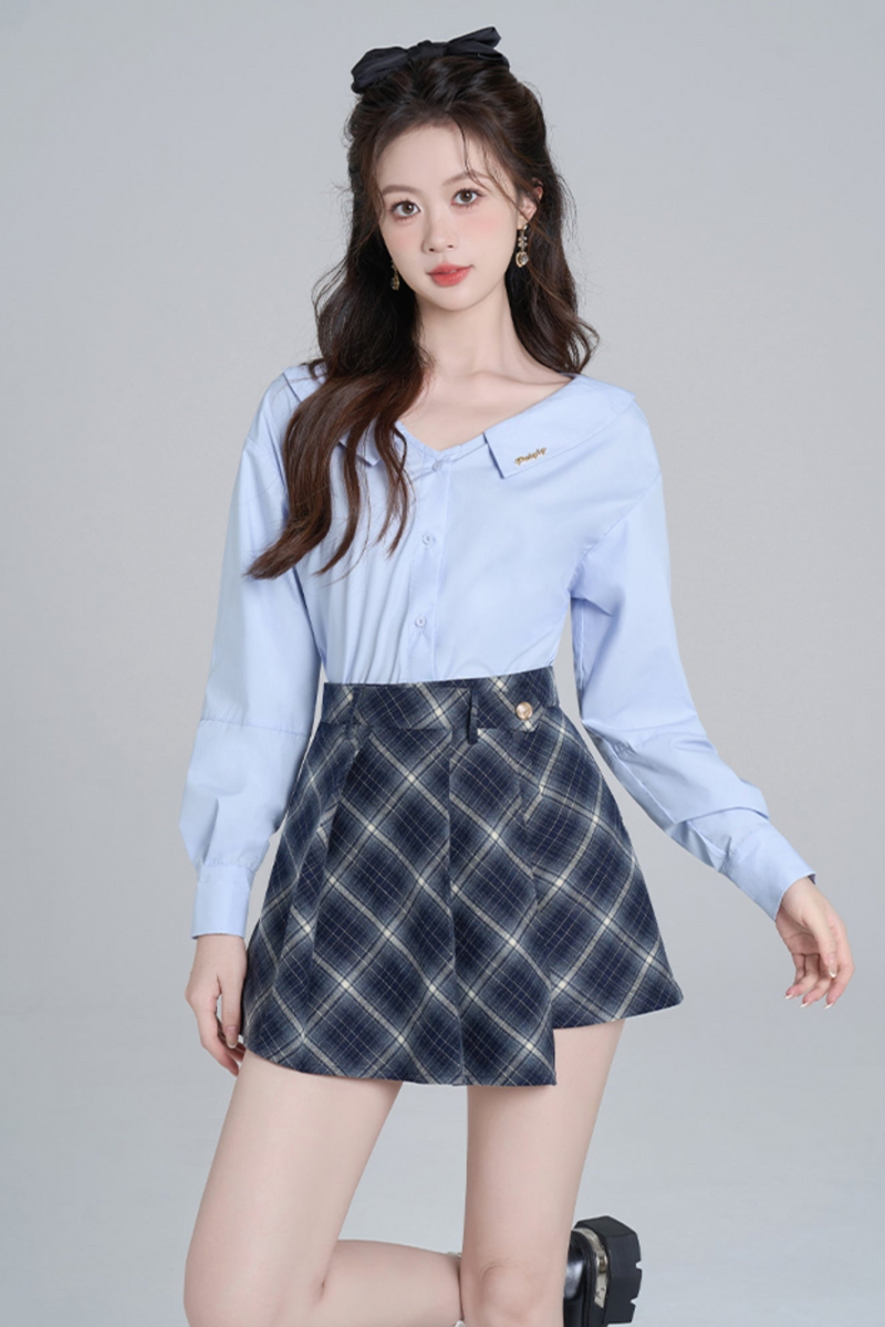 Blue Neck French Loose Shirt Set