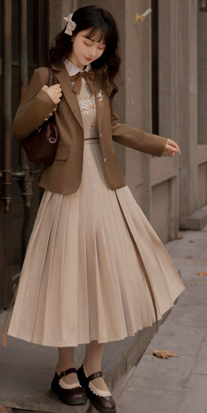 Modified Hanfu College Blazer + Shirt + Suspender Dress