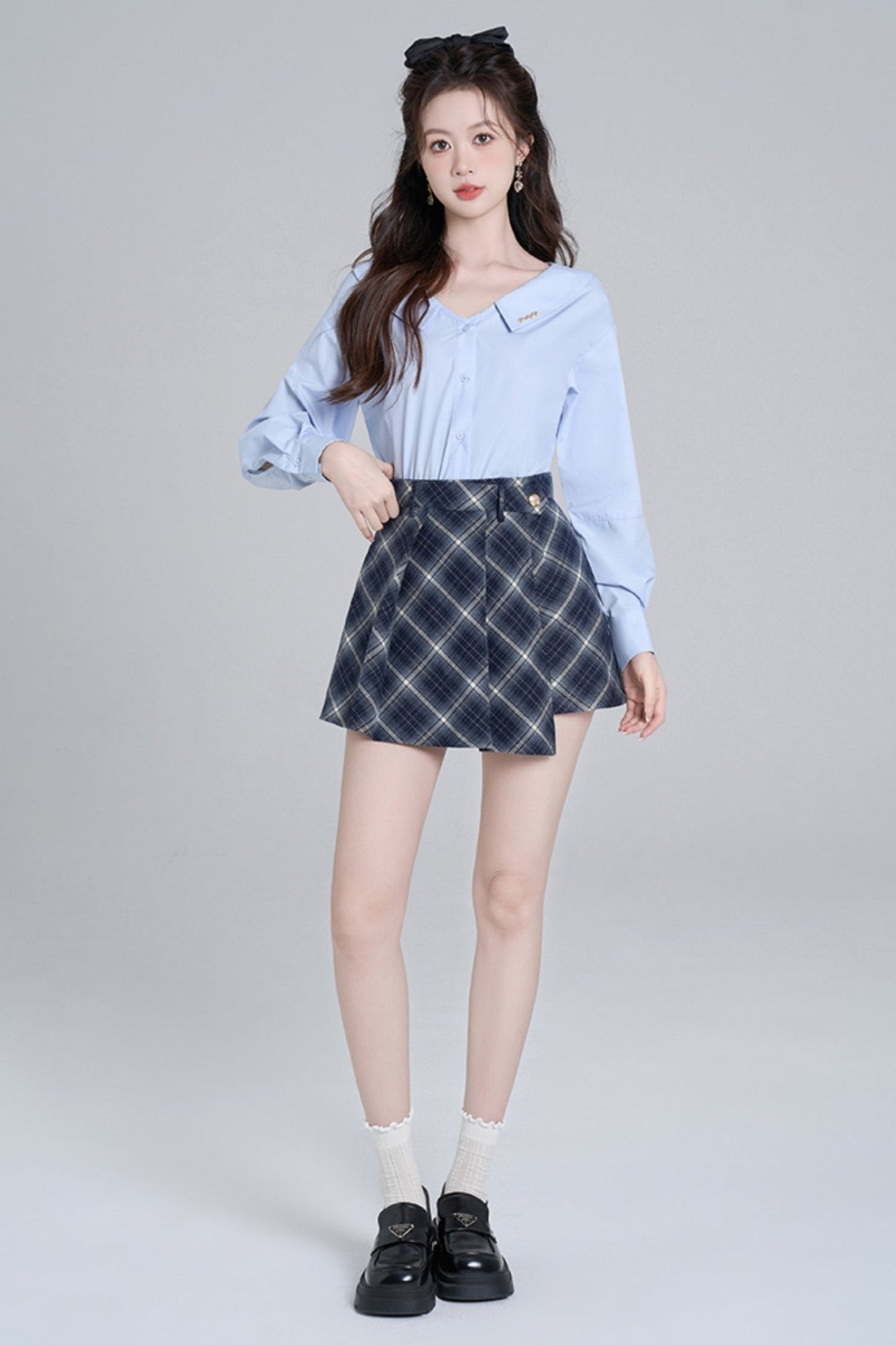 Blue Neck French Loose Shirt Set
