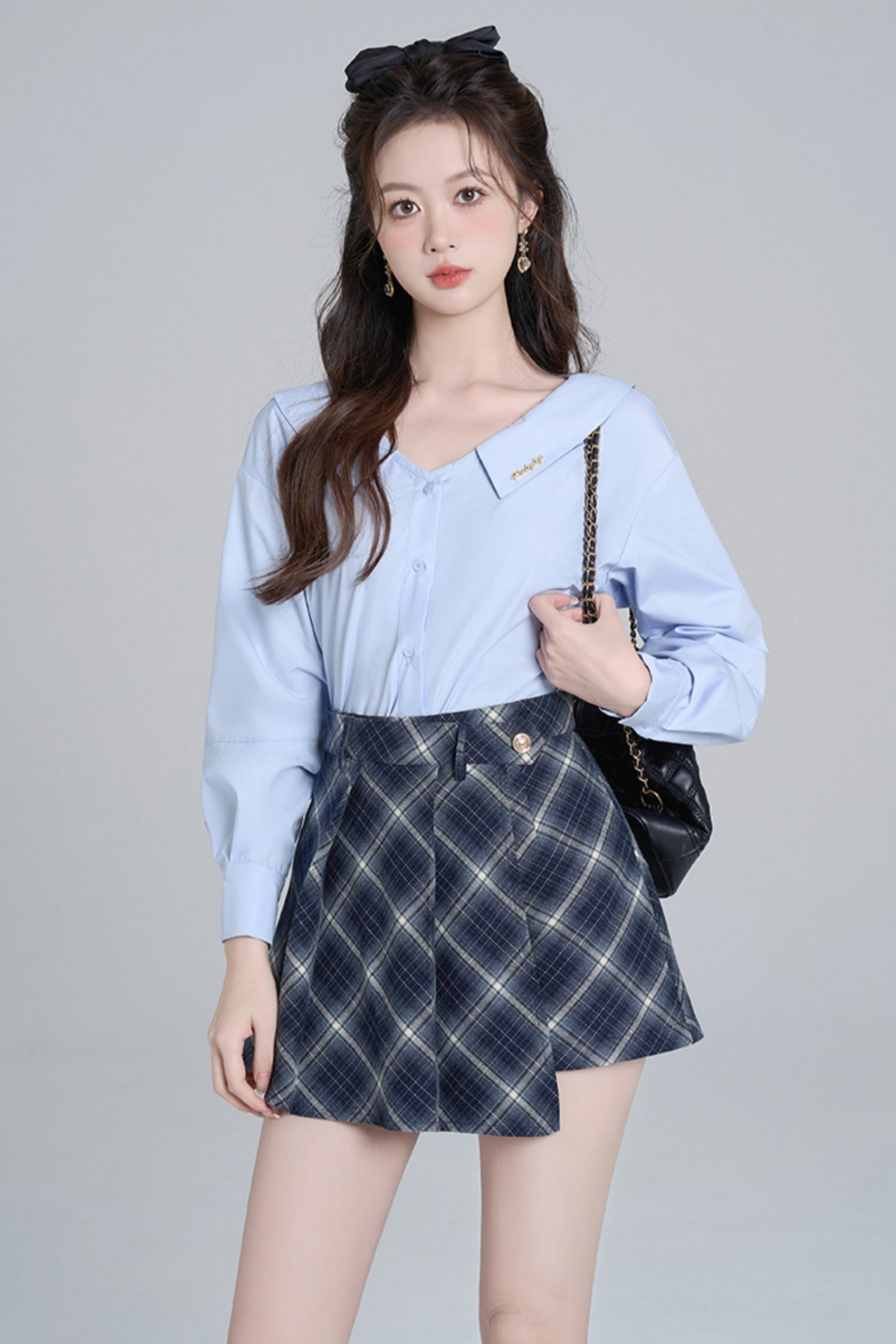 Blue Neck French Loose Shirt Set