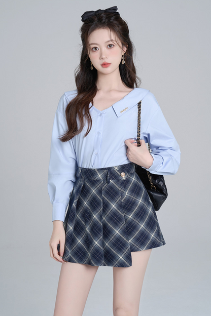 Blue Neck French Loose Shirt Set