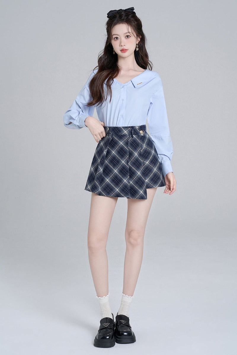 Blue Neck French Loose Shirt Set