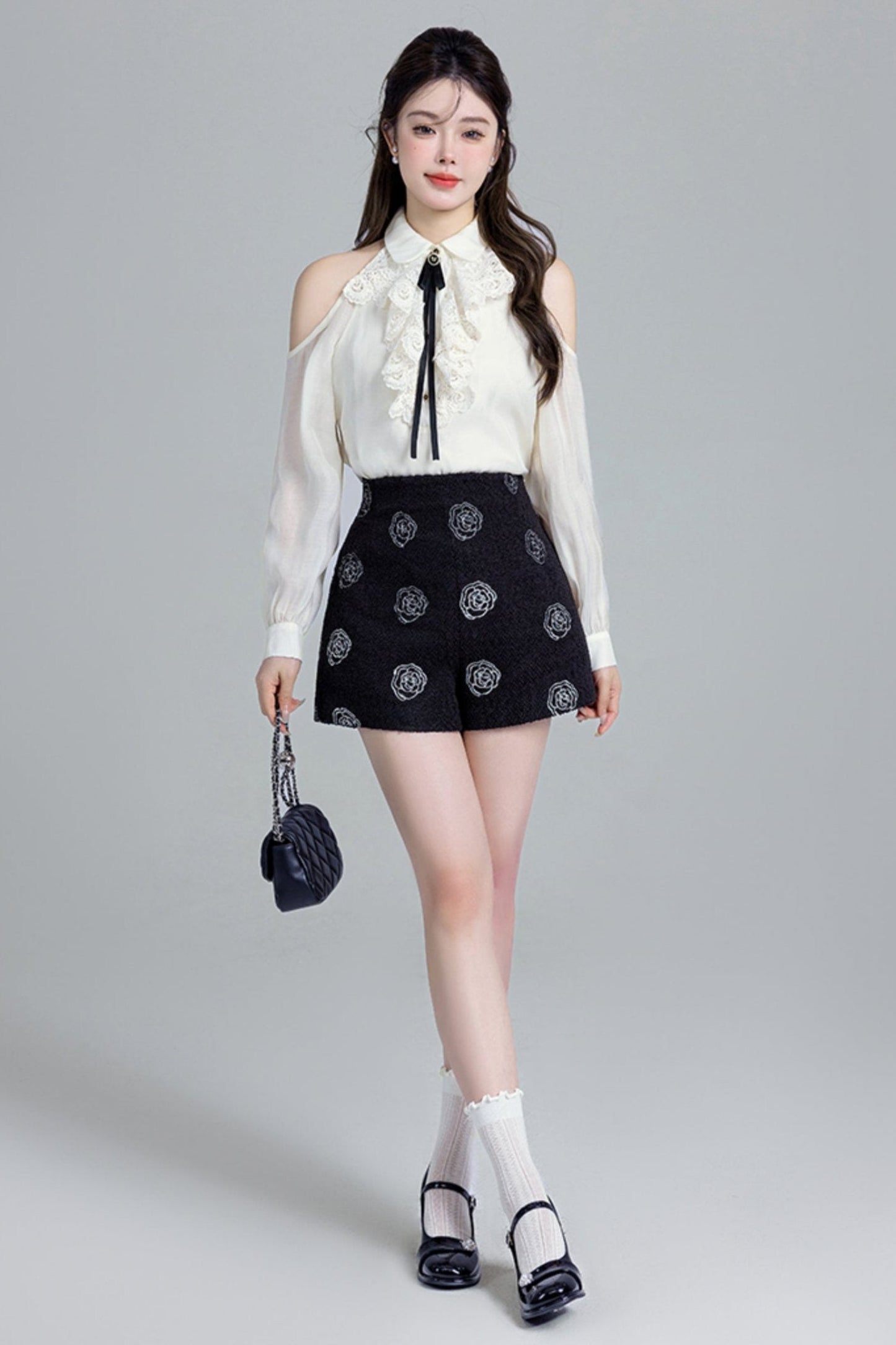 French Lace Off-shoulder Shirt Set