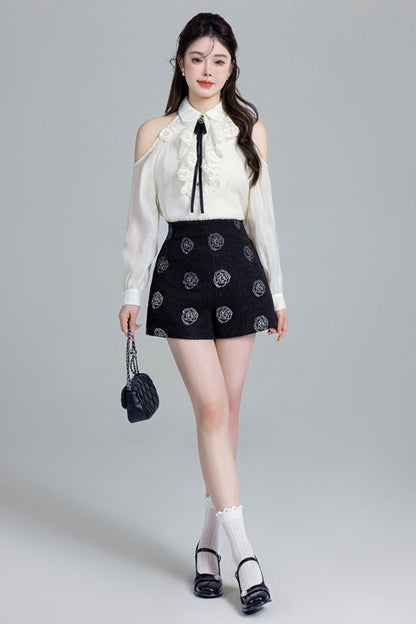 French Lace Off-shoulder Shirt Set