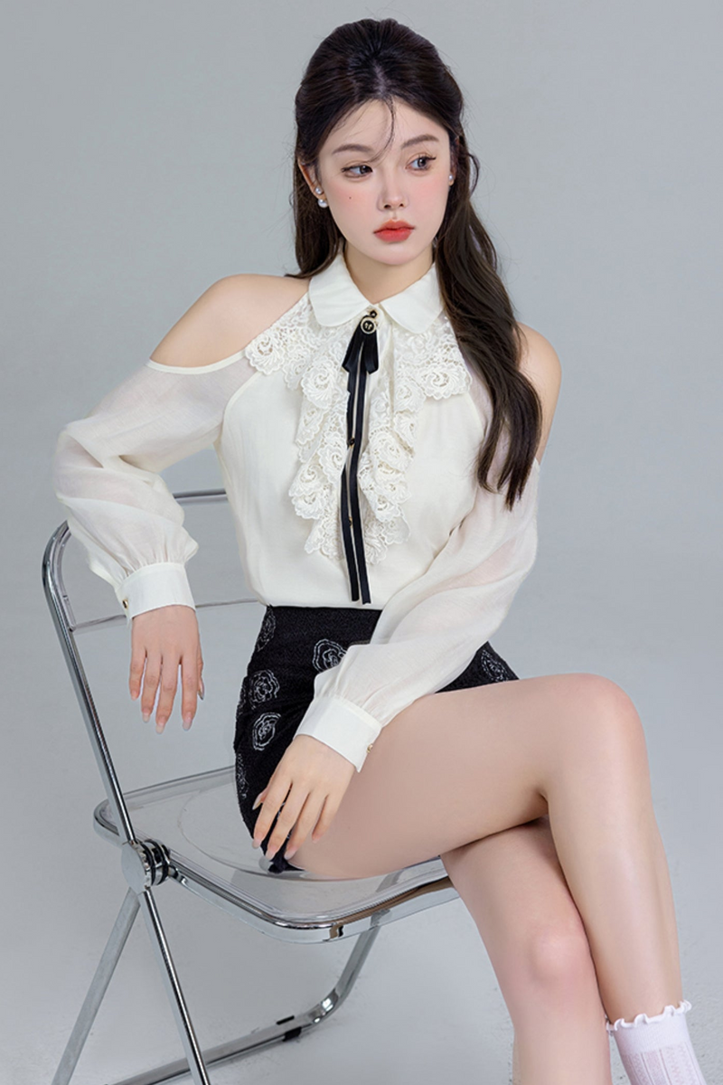 French Lace Off-shoulder Shirt Set